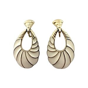 Trifari Clip On Earrings Door Knocker Gold Cream Vintage Enamel Shell Drop EC